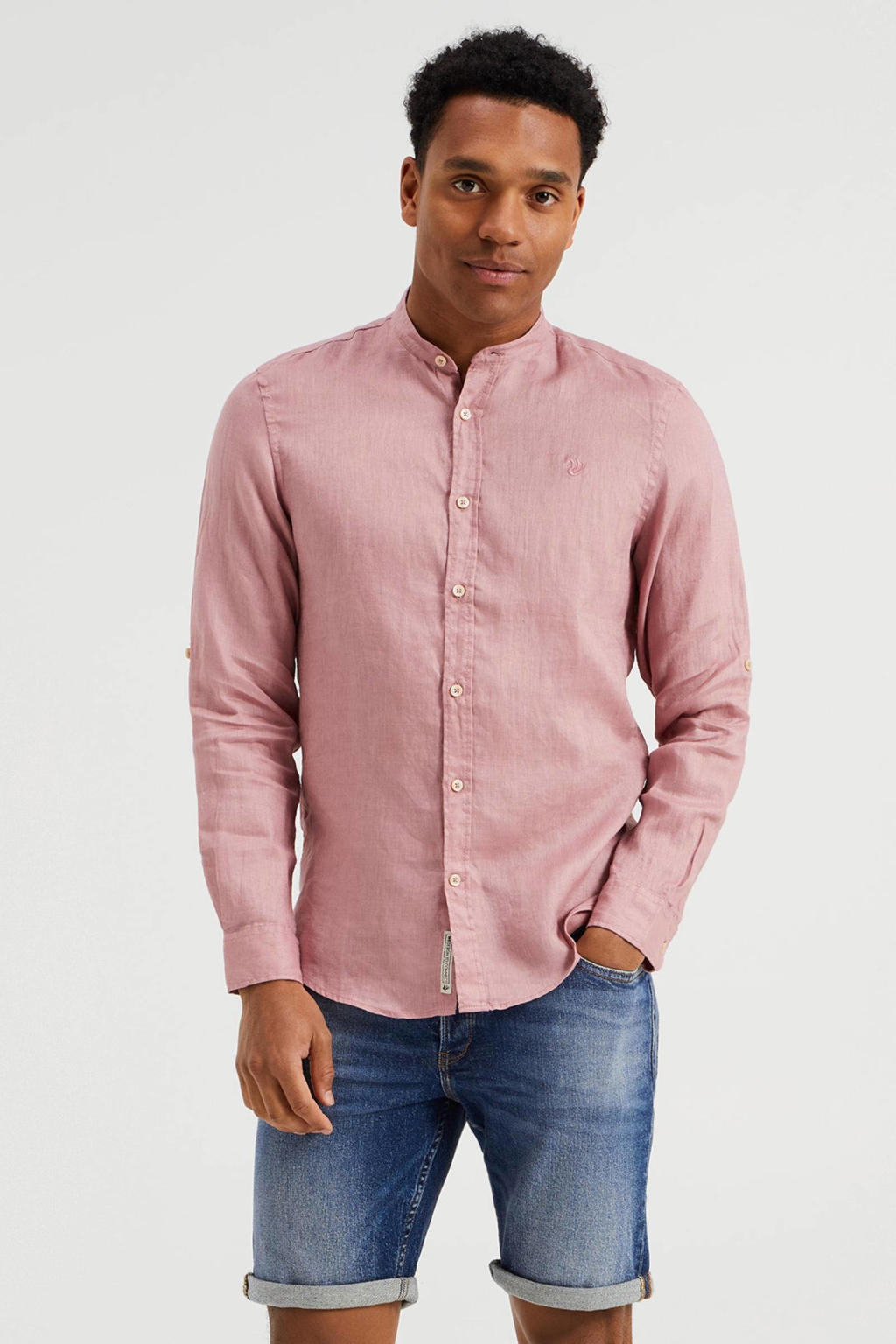 WE Fashion linnen slim fit overhemd roze