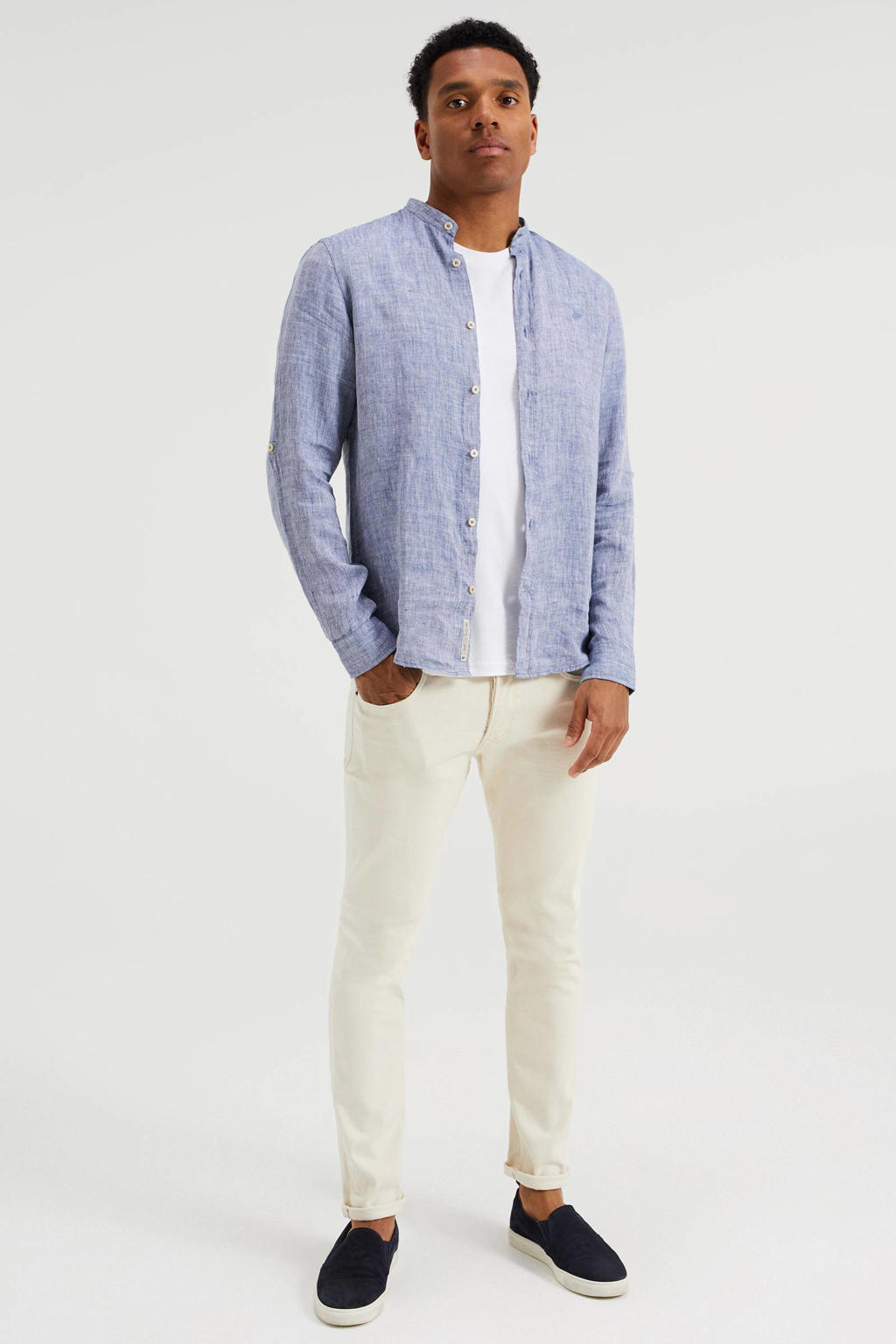 Blauwe heren WE Fashion linnen slim fit overhemd met lange mouwen en mao kraag