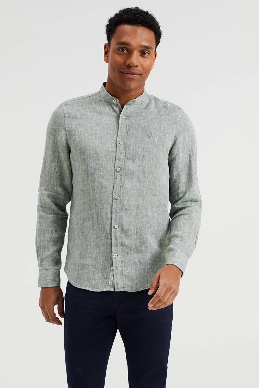 Groene heren WE Fashion linnen slim fit overhemd met lange mouwen en mao kraag