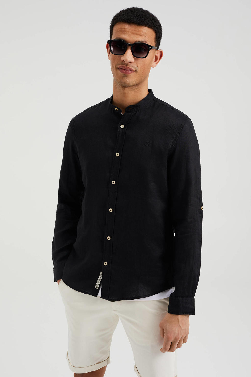 WE Fashion linnen slim fit overhemd zwart