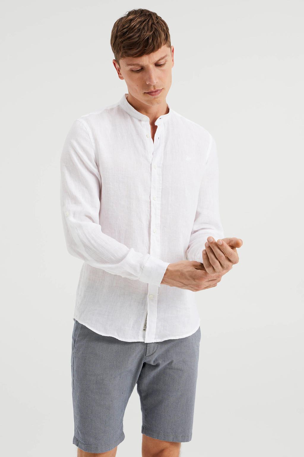 Witte heren WE Fashion linnen slim fit overhemd met lange mouwen en mao kraag