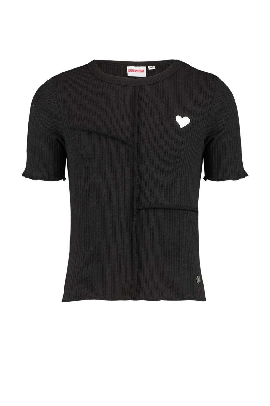 CoolCat Junior ribgebreid T-shirt Evy CG met printopdruk zwart