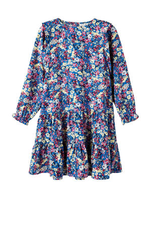 gebloemde jurk NKFNELLY van gerecycled polyester blauw/roze/lila/ecru