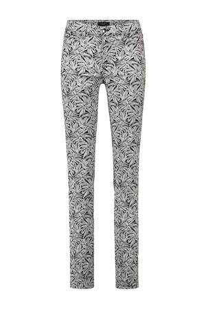 slim fit pantalon met bladprint zwart/gebroken wit