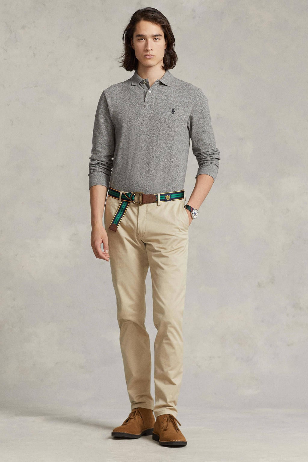 Beige heren POLO Ralph Lauren slim fit polo van katoen met lange mouwen en klassieke kraag