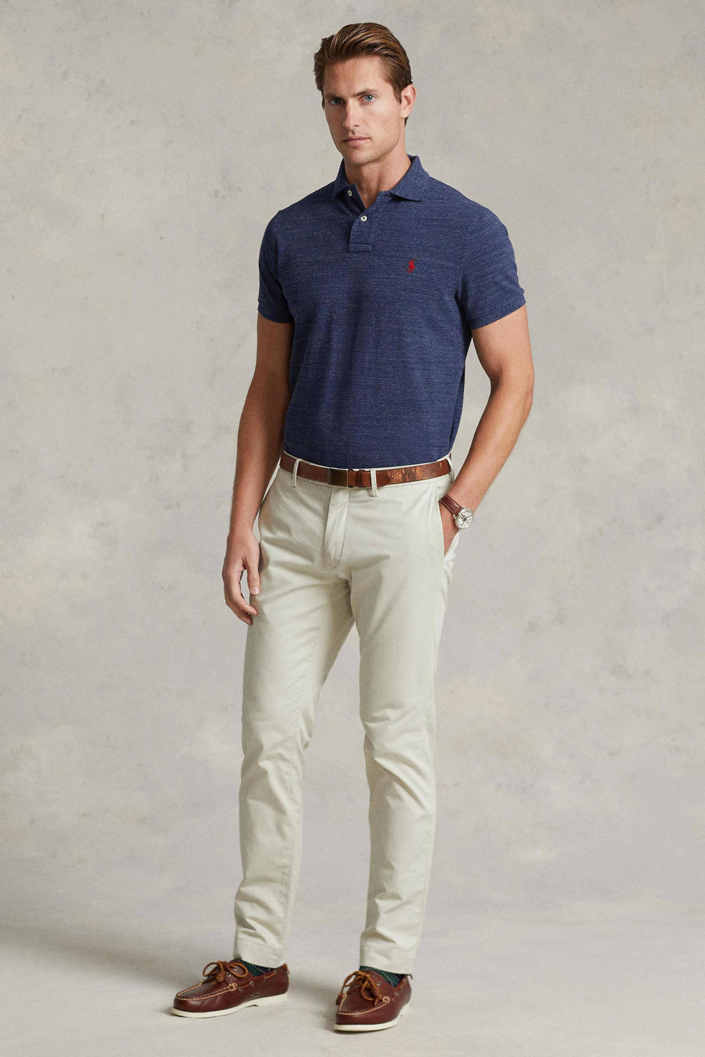 Blauwe heren Polo Ralph Lauren custom slim fit polo van katoen met melée print en korte mouwen