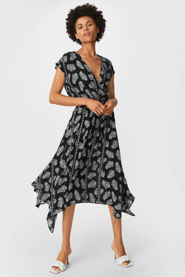 boekje langs rem C&A A-lijn jurk met paisleyprint en plooien zwart/wit | wehkamp