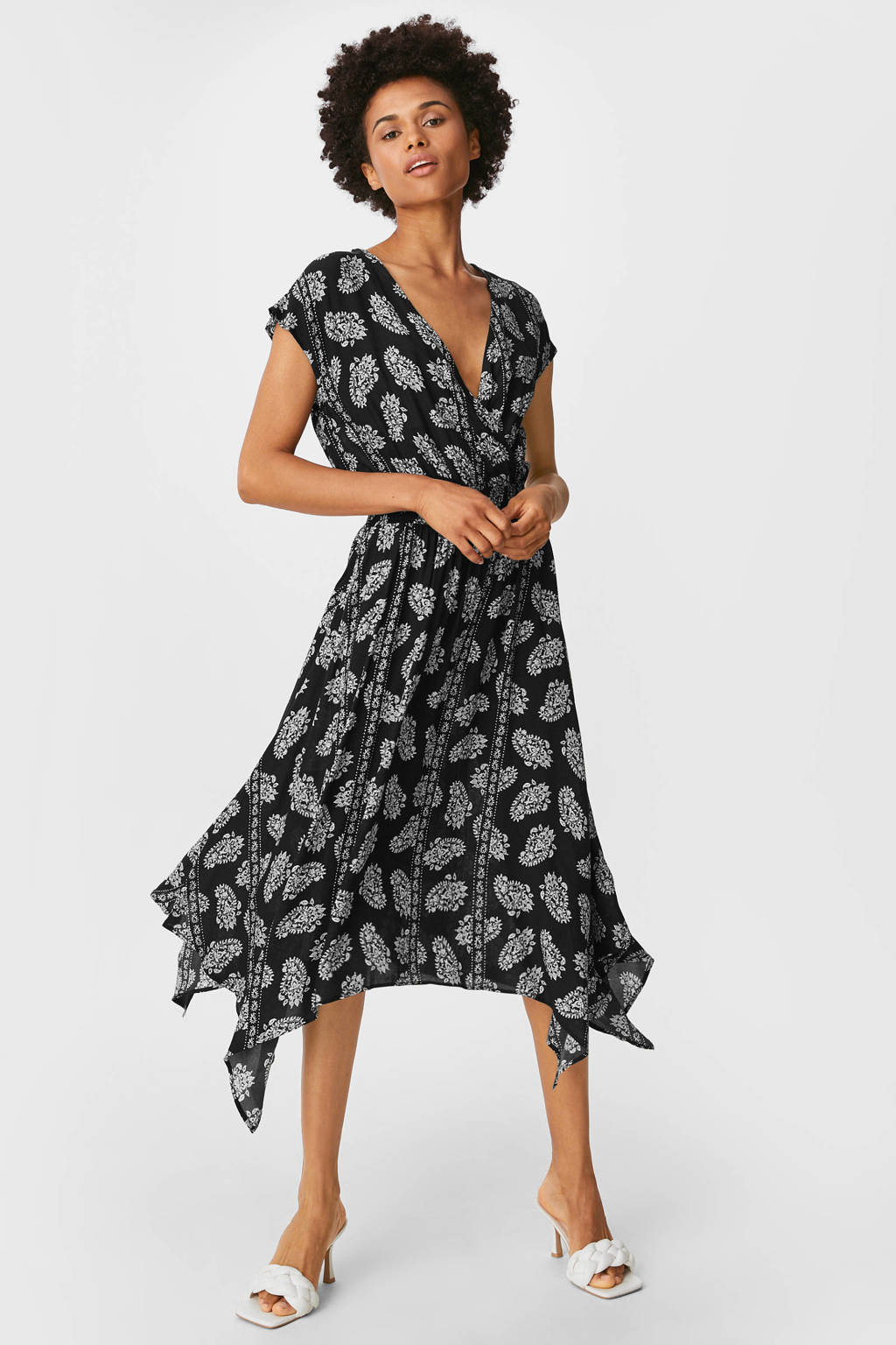 C&A A-lijn jurk met paisleyprint en plooien zwart/wit