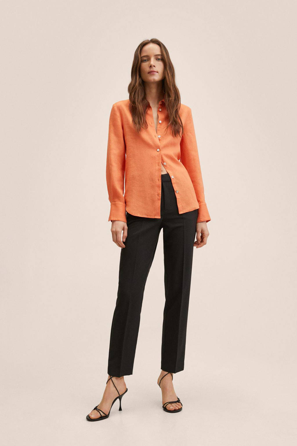 Oranje dames Mango blouse van linnen met lange mouwen, klassieke kraag en knoopsluiting