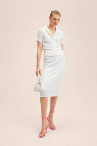 Witte dames Mango midi rok met textuur gemaakt van stretchkatoen en met elastische tailleband