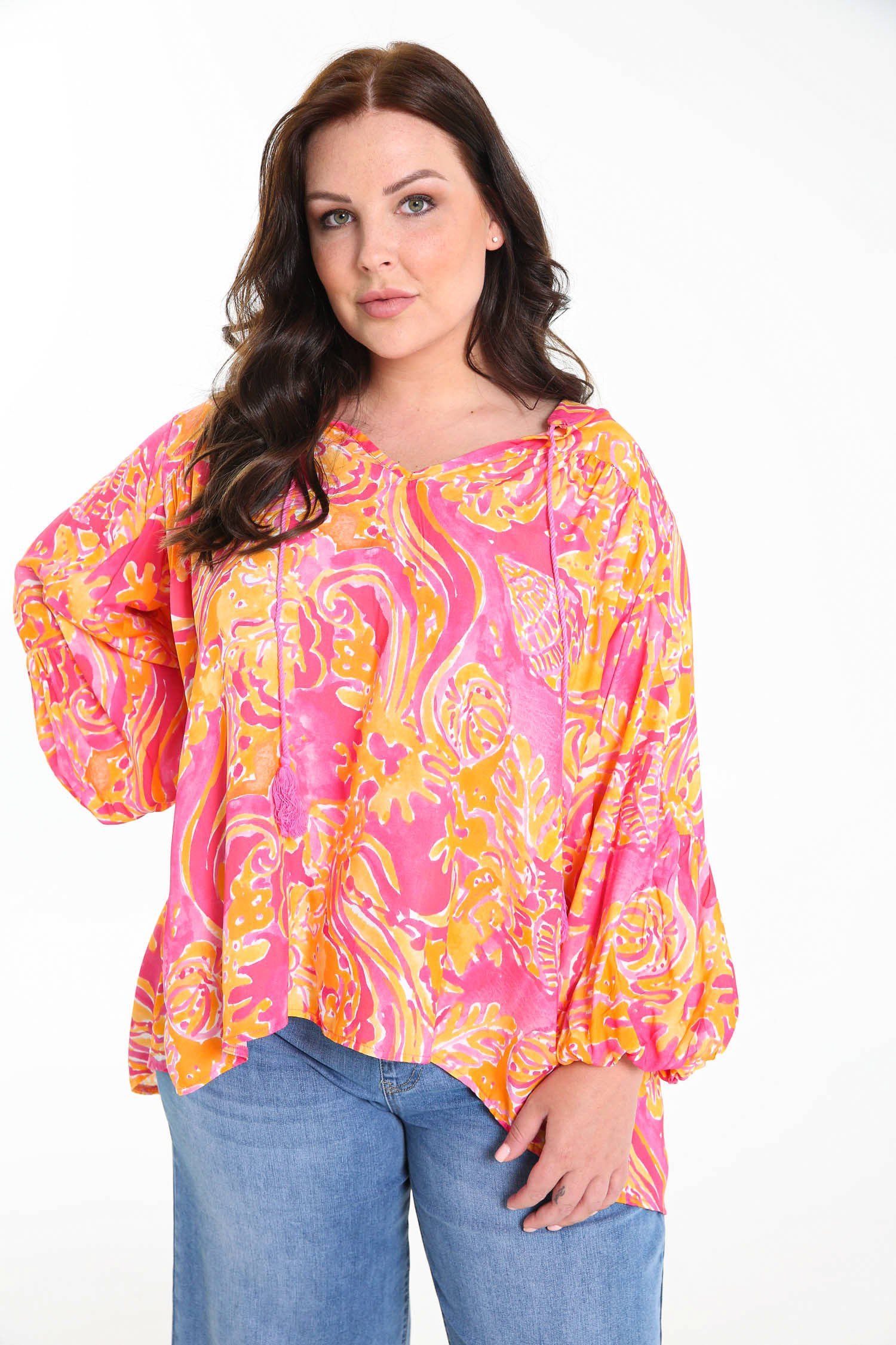 Paprika top met all over print roze geel wehkamp