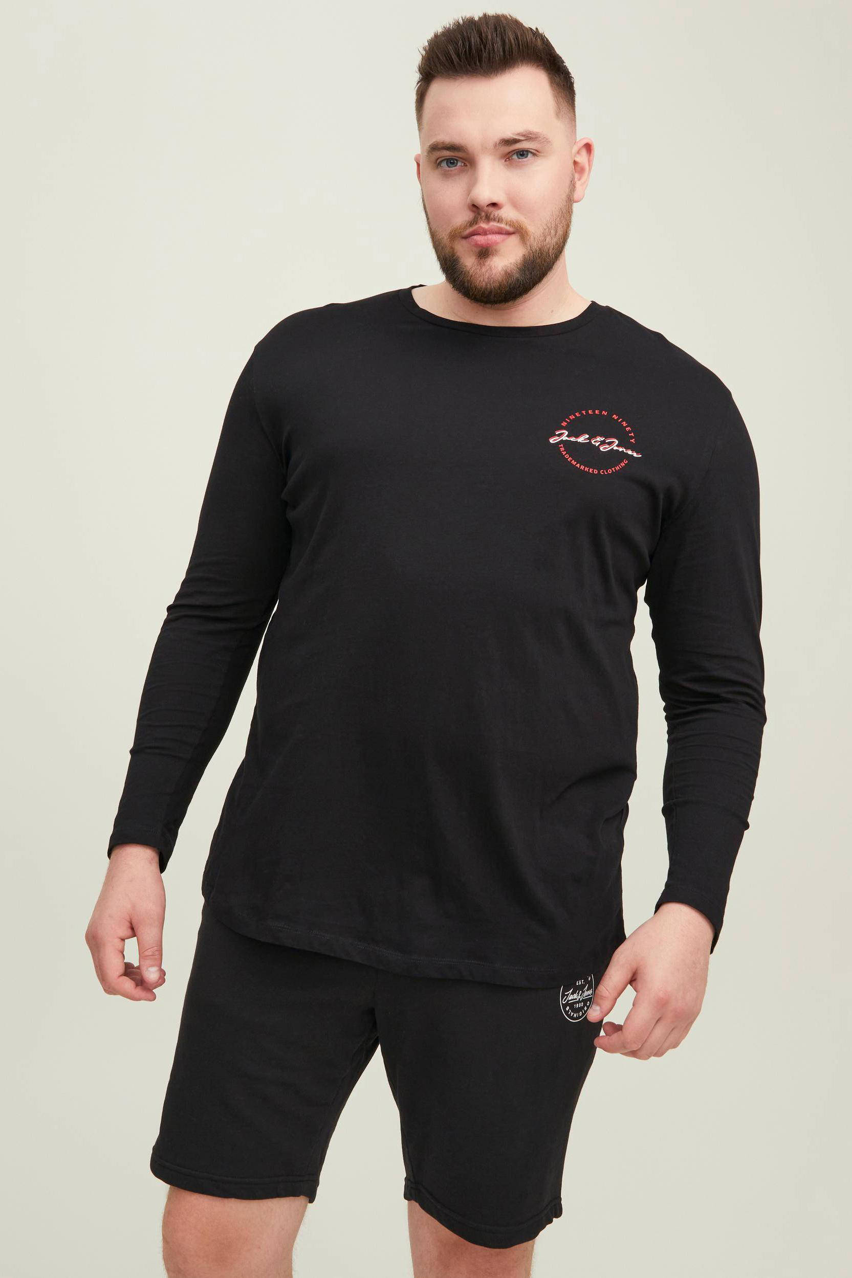 wehkamp Heren Kleding Tops & Shirts Shirts Lange Mouwen Shirts Longsleeve JJSTAMP Plus Size met logo black 