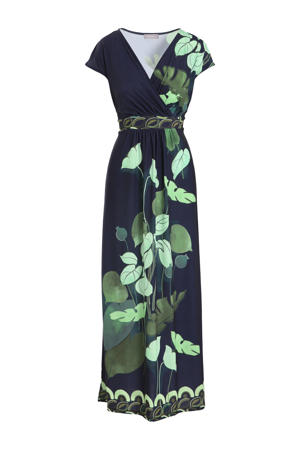 gebloemde maxi jurk donkerblauw/roze/groen