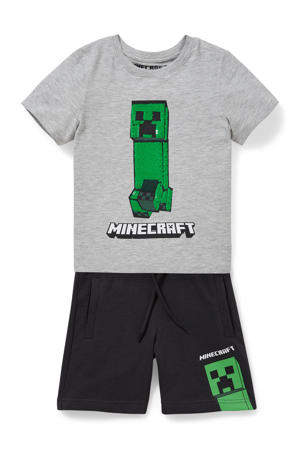 Minecraft T-shirt met pailletten + sweatshort grijs/zwart/groen