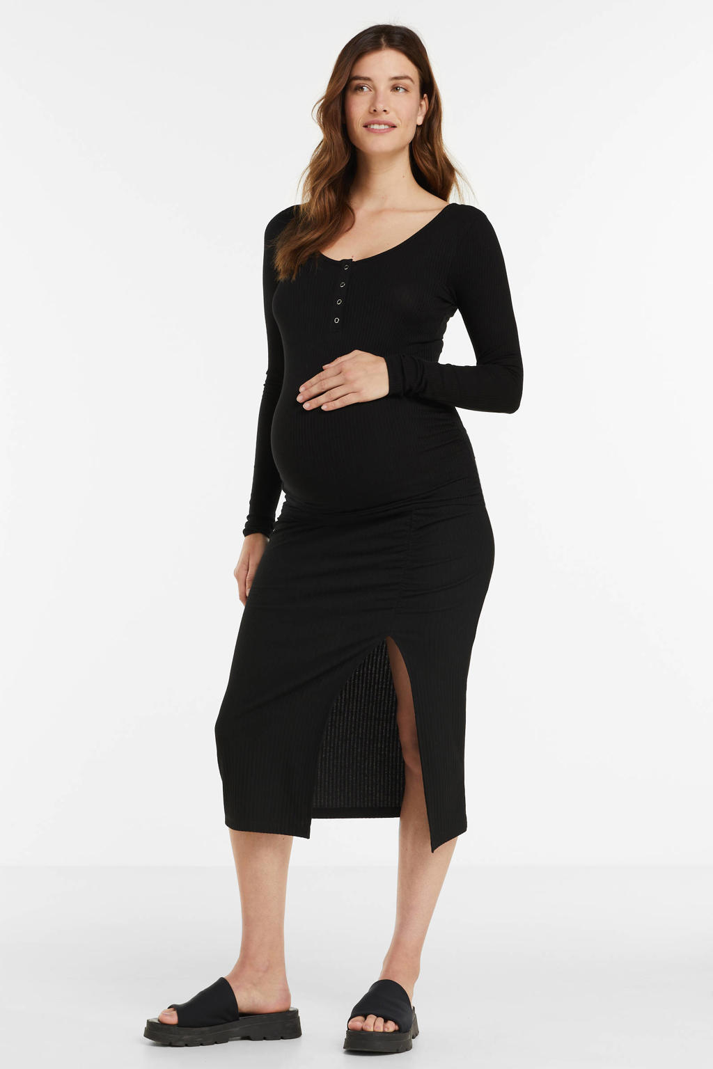Zwarte dames PIECES Maternity zwangerschapslongsleeve van katoen met effen, lange mouwen, boothals, knoopsluiting en rib gebreide details
