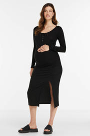 thumbnail: Zwarte dames PIECES Maternity zwangerschapslongsleeve van katoen met effen, lange mouwen, boothals, knoopsluiting en rib gebreide details