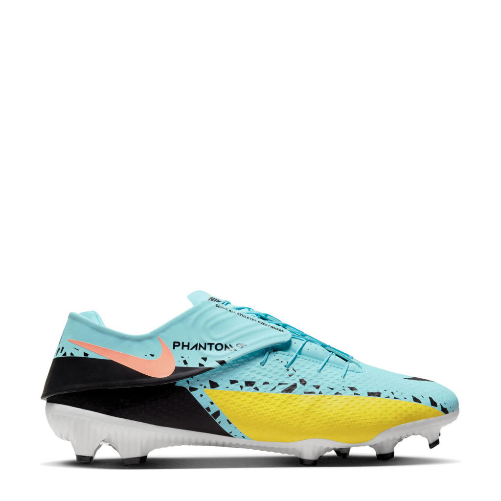 Lichtblauw, zwart en gele heren Nike Phantom GT2 Academy FlyEase fg mg Sr. voetbalschoenen van imitatieleer met veters