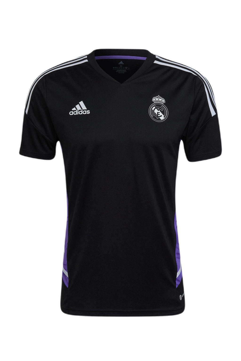 Zwart en paarse heren adidas Performance Senior Real Madrid voetbalshirt training van gerecycled polyester met logo dessin, korte mouwen en ronde hals