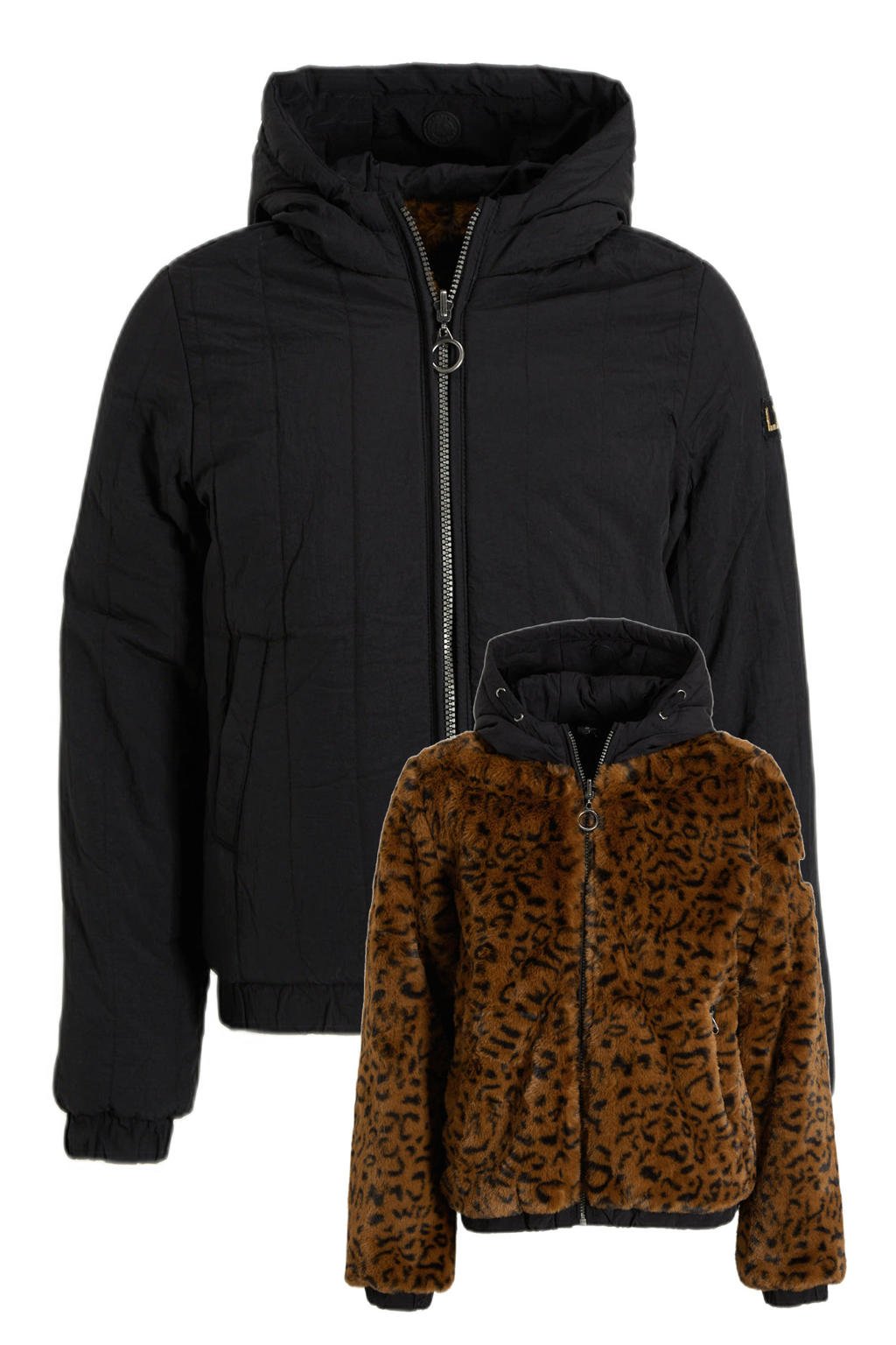 Bruin en zwarte meisjes LOOXS 10sixteen imitatiebont winterjas met panterprint, lange mouwen, capuchon en ritssluiting