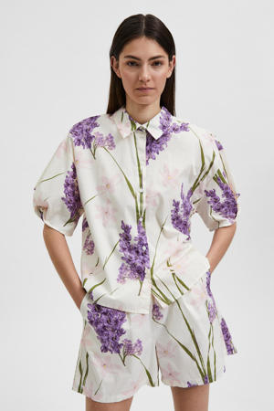 gebloemde blouse van biologisch katoen ecru/paars/lichtroze/groen