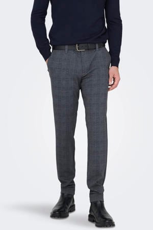 viscose slim fit geruite chino - donkerblauw