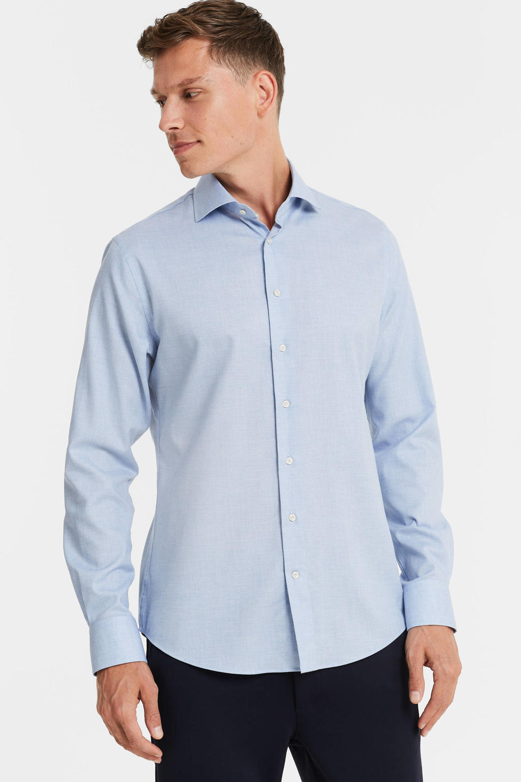 Profuomo slim fit strijkvrij overhemd blauw dobby structuur met stretch