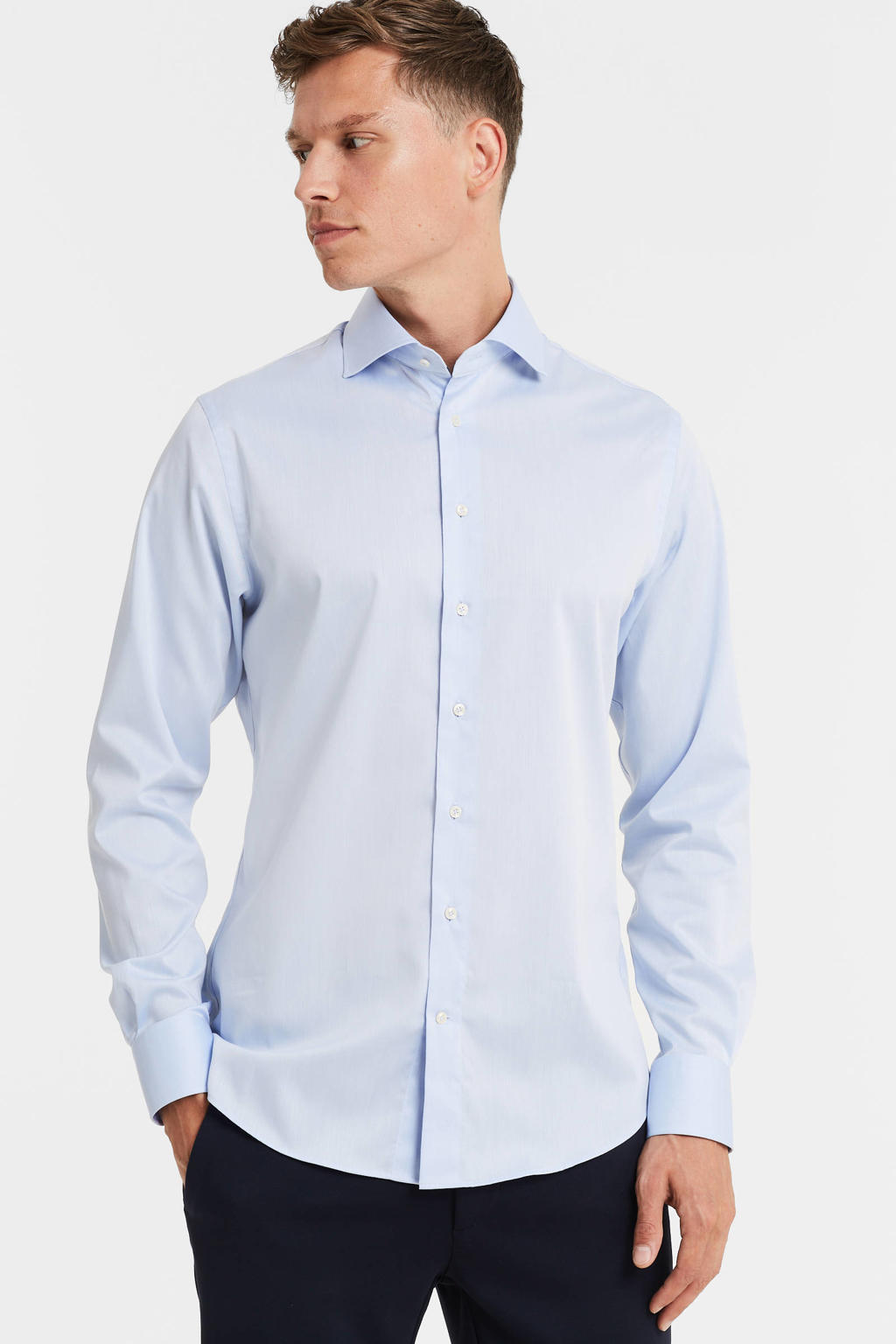 Profuomo slim fit strijkvrij overhemd blauw twill