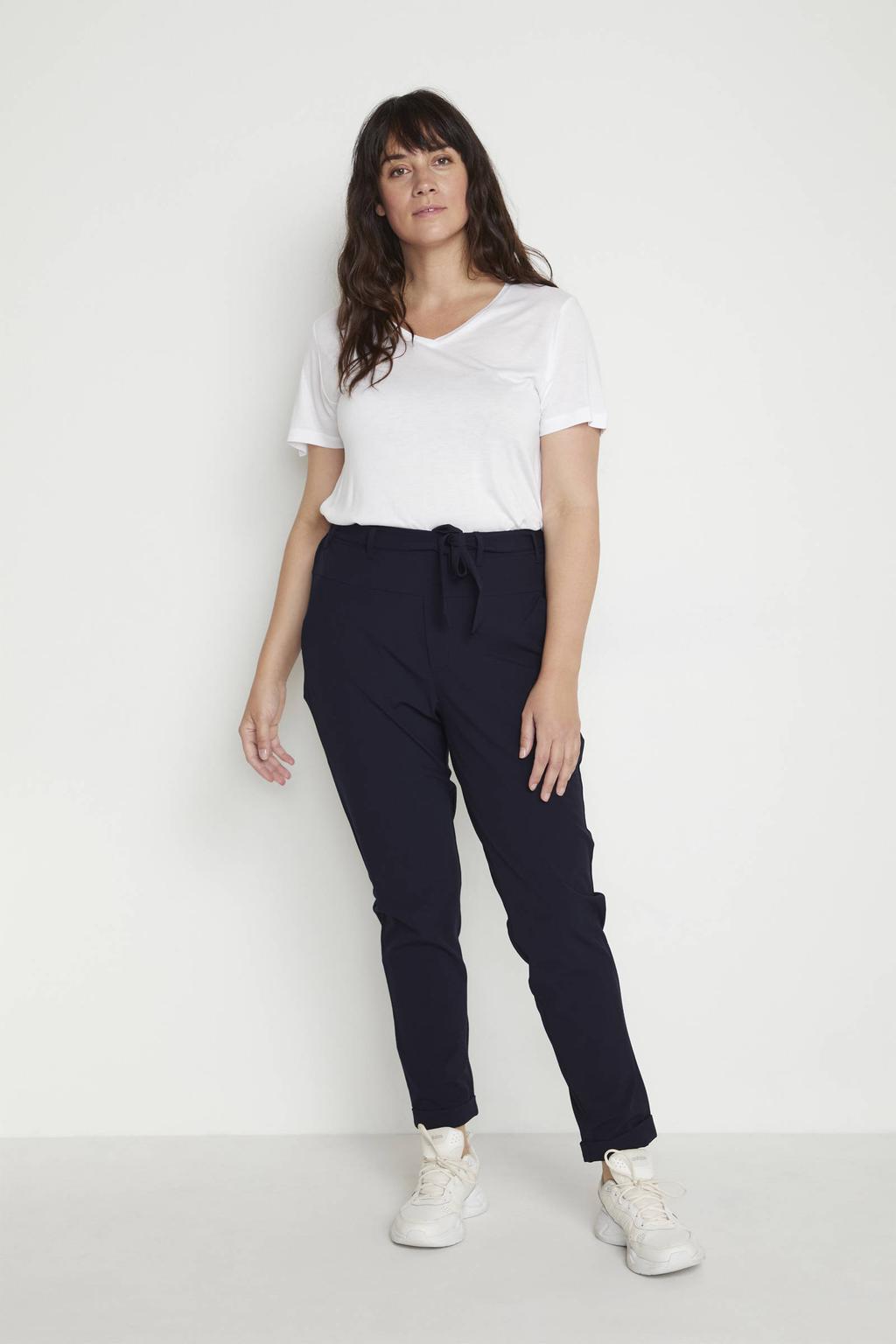 Donkerblauwe dames Kaffe Curve regular fit broek van polyester met elastische tailleband met koord en effen