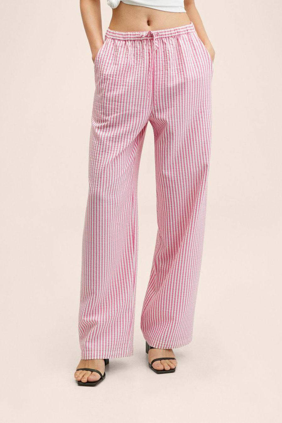 Mango gestreepte wide leg broek roze/wit | wehkamp