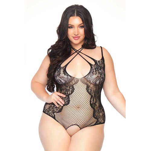 Leg Avenue +size kanten body met open kruis zwart afbeelding