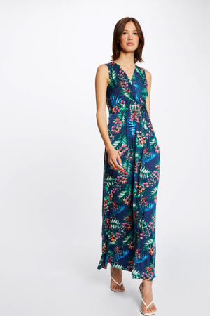 A-lijn jurk met bladprint en ceintuur blauw/groen/rood