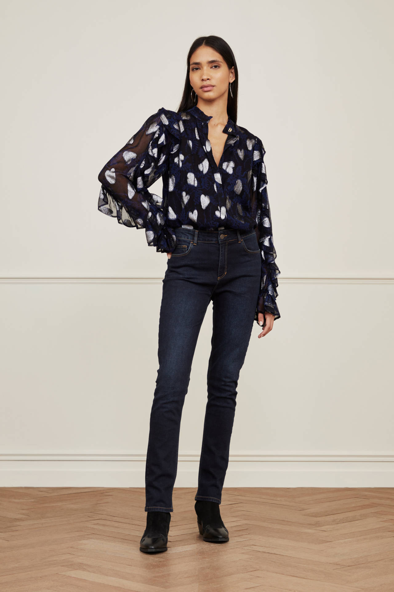 Fabienne Chapot blouse Josie Indie met hartjes en volant zwart, zilver |  wehkamp