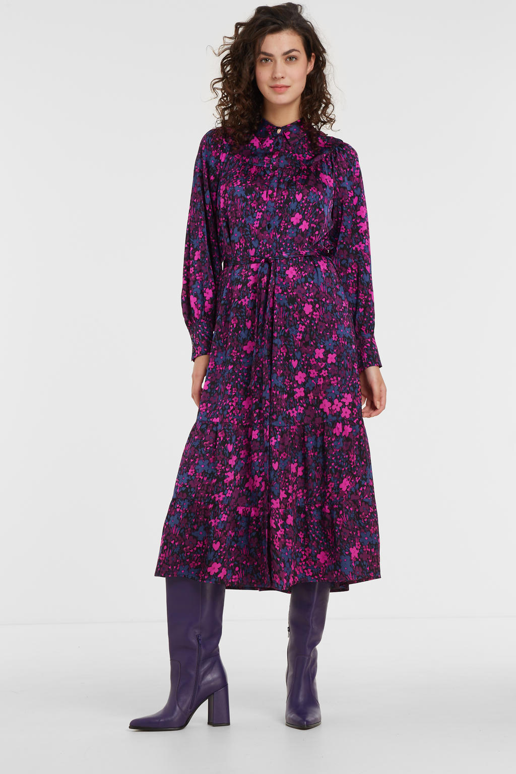 Roze dames Fabienne Chapot blousejurk Noa , van rayon met all over print, lange mouwen, opstaande kraag en knoopsluiting