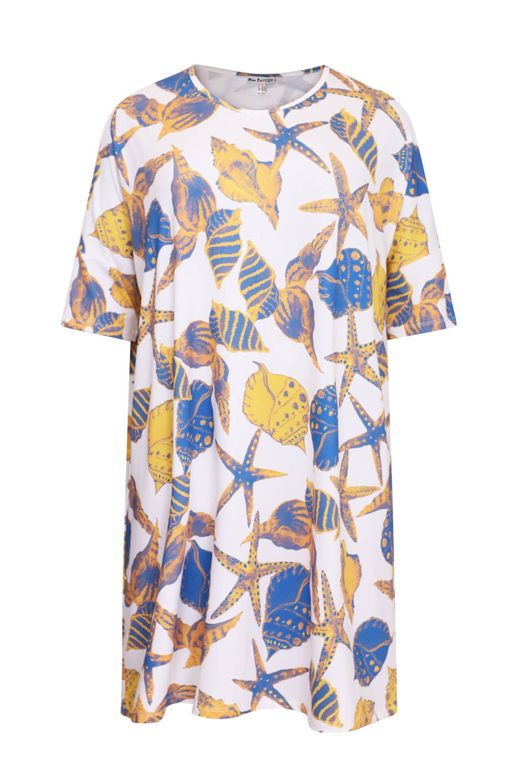Yoek wijde jurk van travelstof OCEAN wit/blauw/geel
