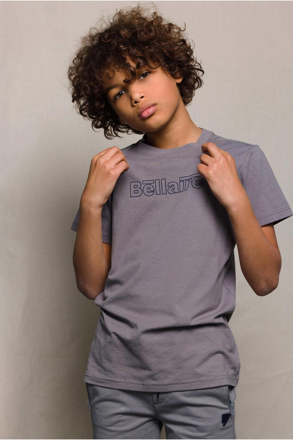 Grijze jongens Bellaire T-shirt van sweat materiaal met logo dessin, korte mouwen en ronde hals
