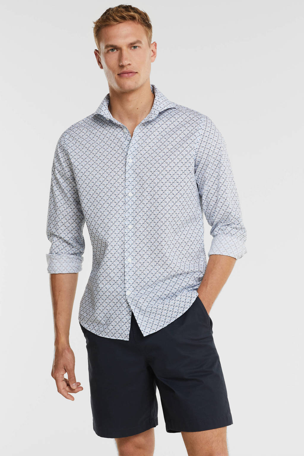 Matinique slim fit overhemd MAtrostol met all over print blauw/wit