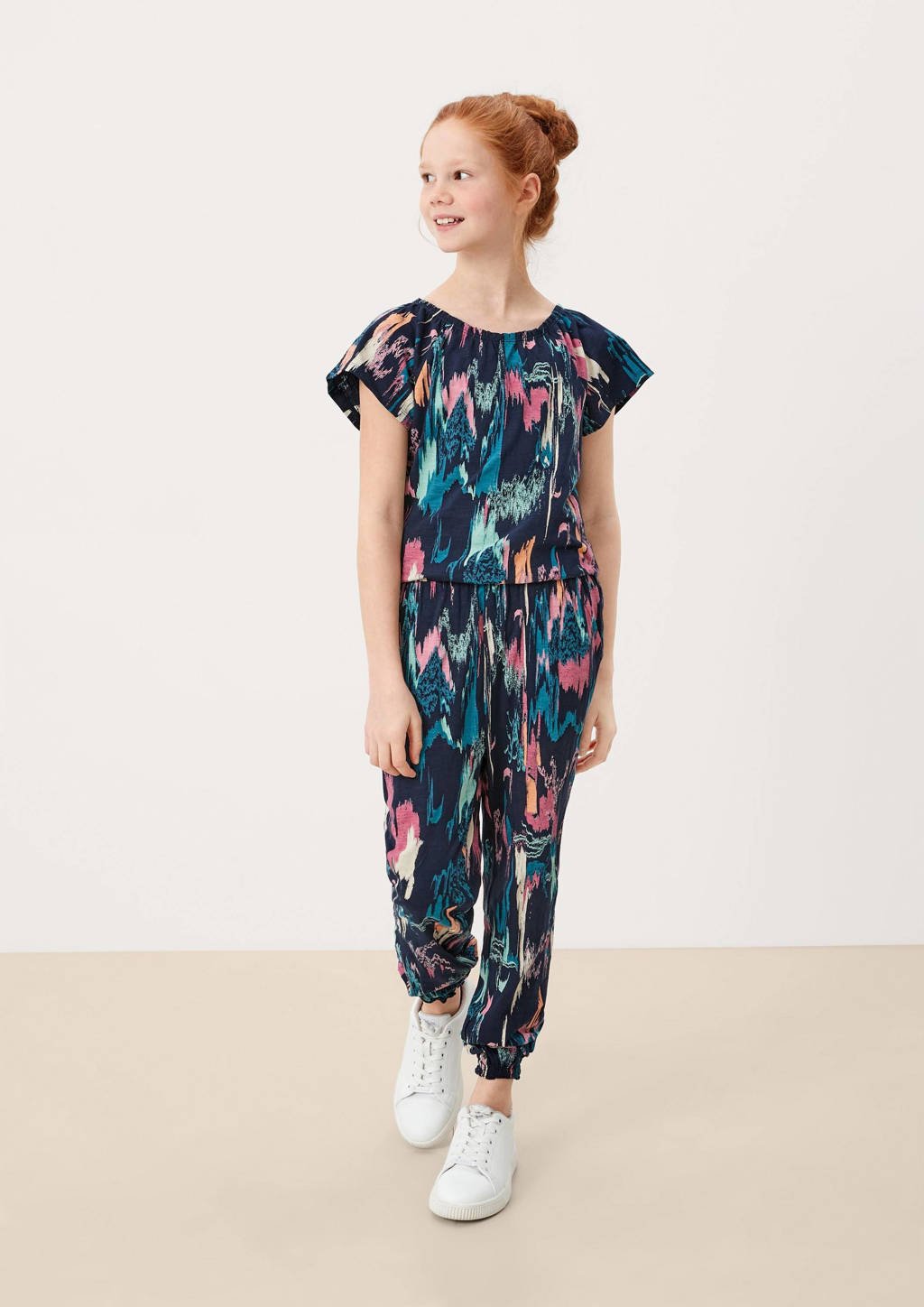 s.Oliver jumpsuit met all over print donkerblauw/roze/blauw/zalm