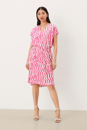 jurk met all over print en ceintuur roze/wit