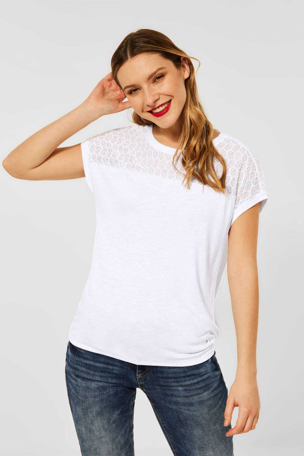 Witte dames Street One T-shirt van viscose met korte mouwen, ronde hals en kant