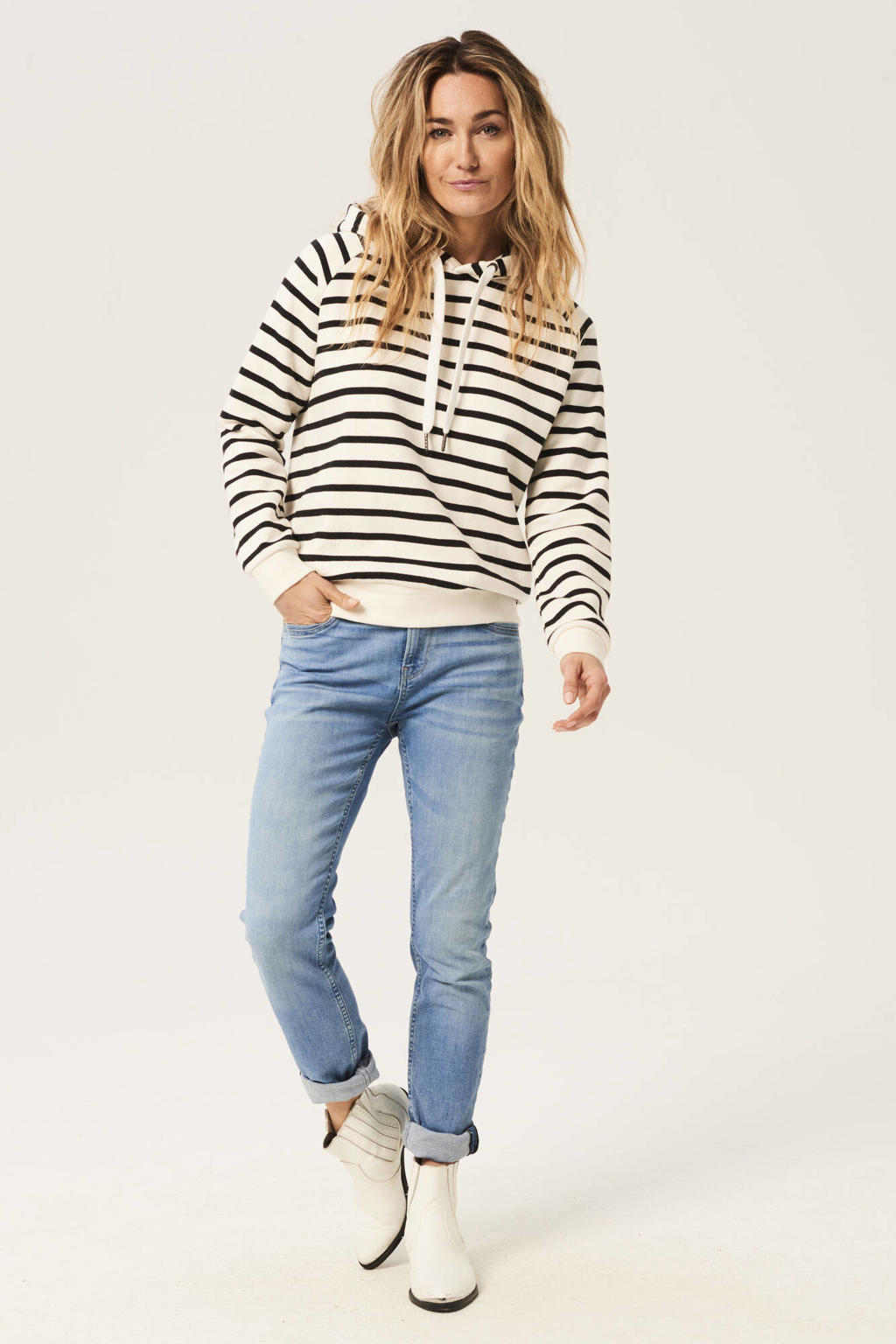 Wit en zwarte dames Garcia gestreepte hoodie van katoen met lange mouwen en capuchon