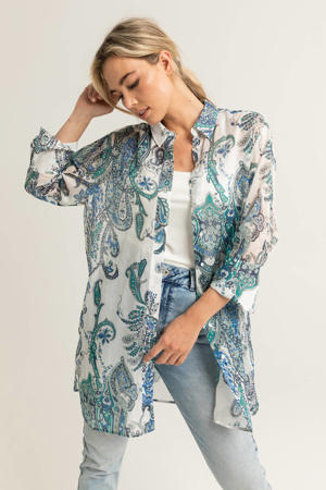 semi-transparante geweven blouse met paisleyprint wit/turqouise