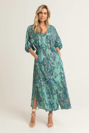 A-lijn jurk met paisleyprint en ceintuur turqouise/donkerblauw/wit