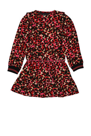 jurk Raja met panterprint en ruches roze/zwart/bruin