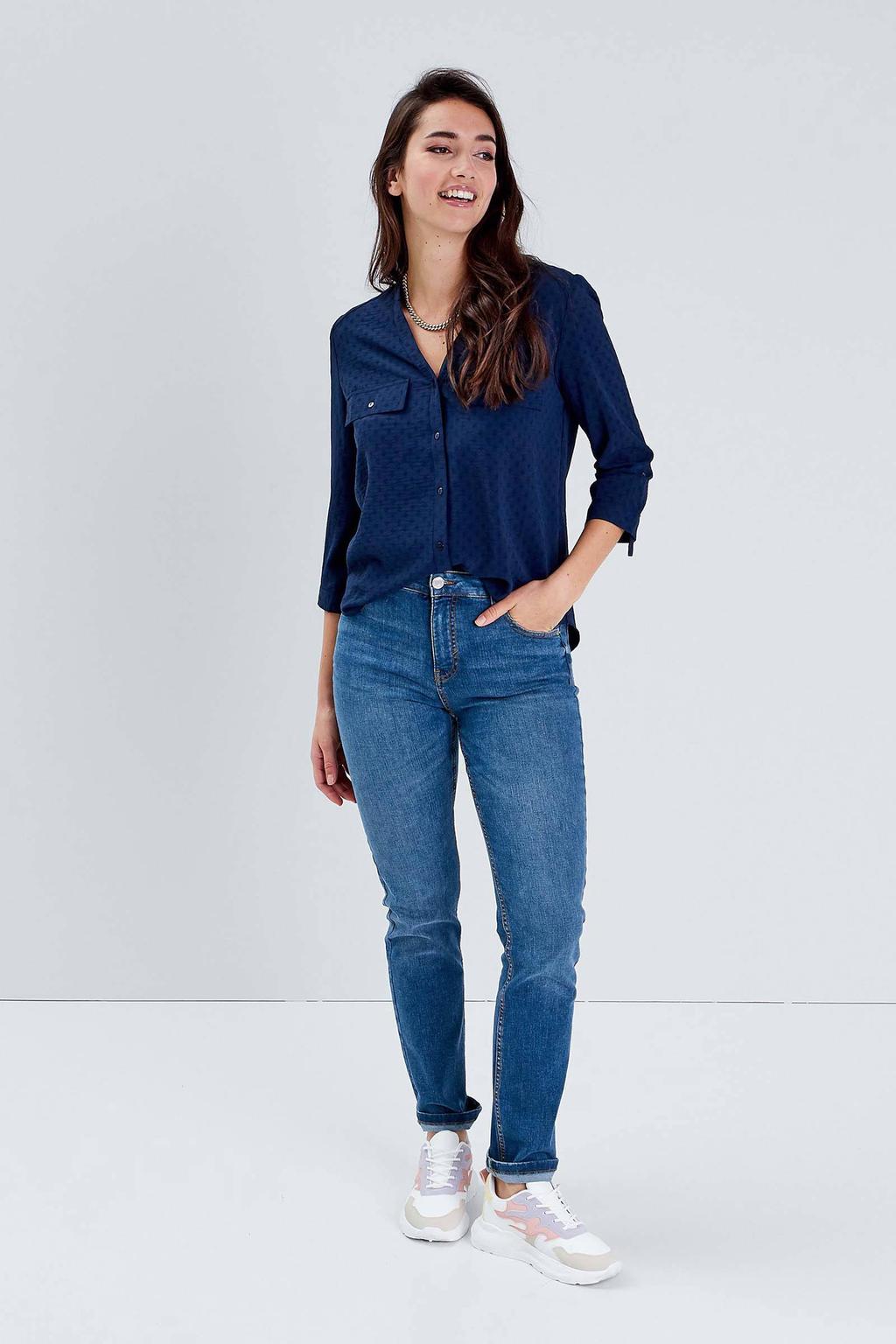 Donkerblauwe dames Cache Cache top van polyester met half lange mouwen en V-hals