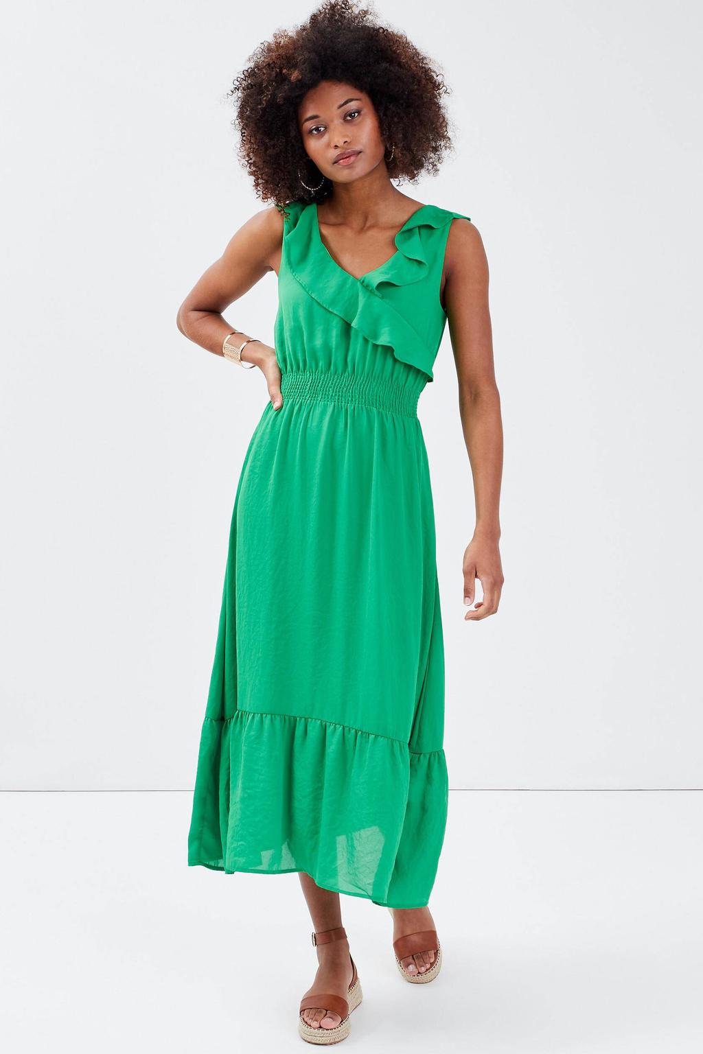 Groene dames Cache Cache jurk van polyester met effen, V-hals, elastische tailleband en ruches