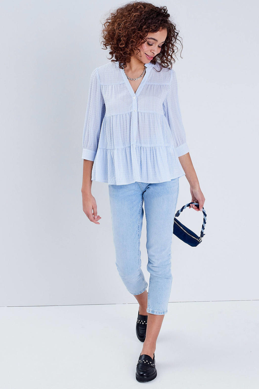 Blauwe dames Cache Cache gestreepte blouse van polyester met half lange mouwen, V-hals, knoopsluiting en plooien