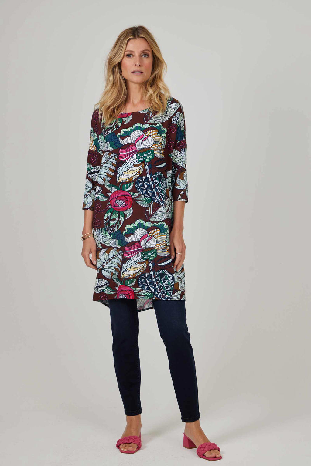 Didi jurk met all over print donkerrood/groen/blauw wehkamp