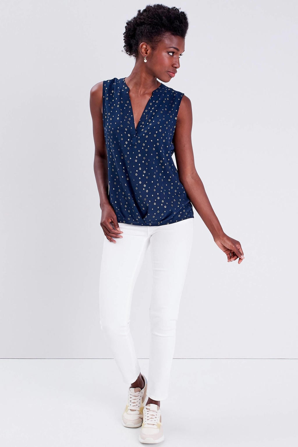 Donkerblauw en beige dames Cache Cache gebloemde top van polyester met ronde hals en plooien