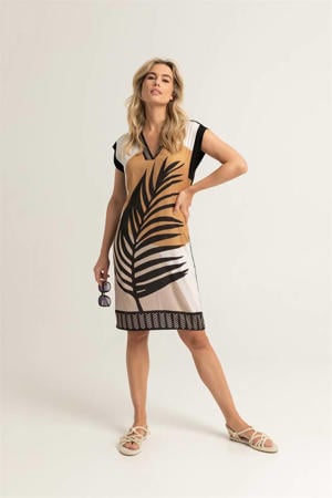 jurk met bladprint en ceintuur beige/oranje/zwart