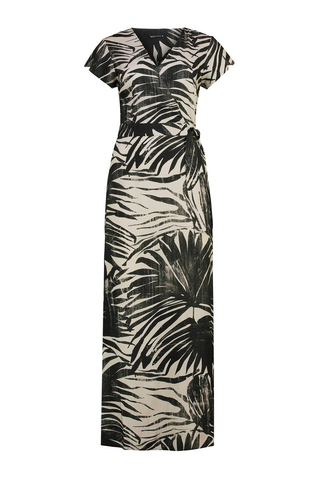 Zwart en zandkleurige dames Expresso maxi jurk zandkleur van viscose met bladprint, kapmouwtjes en V-hals